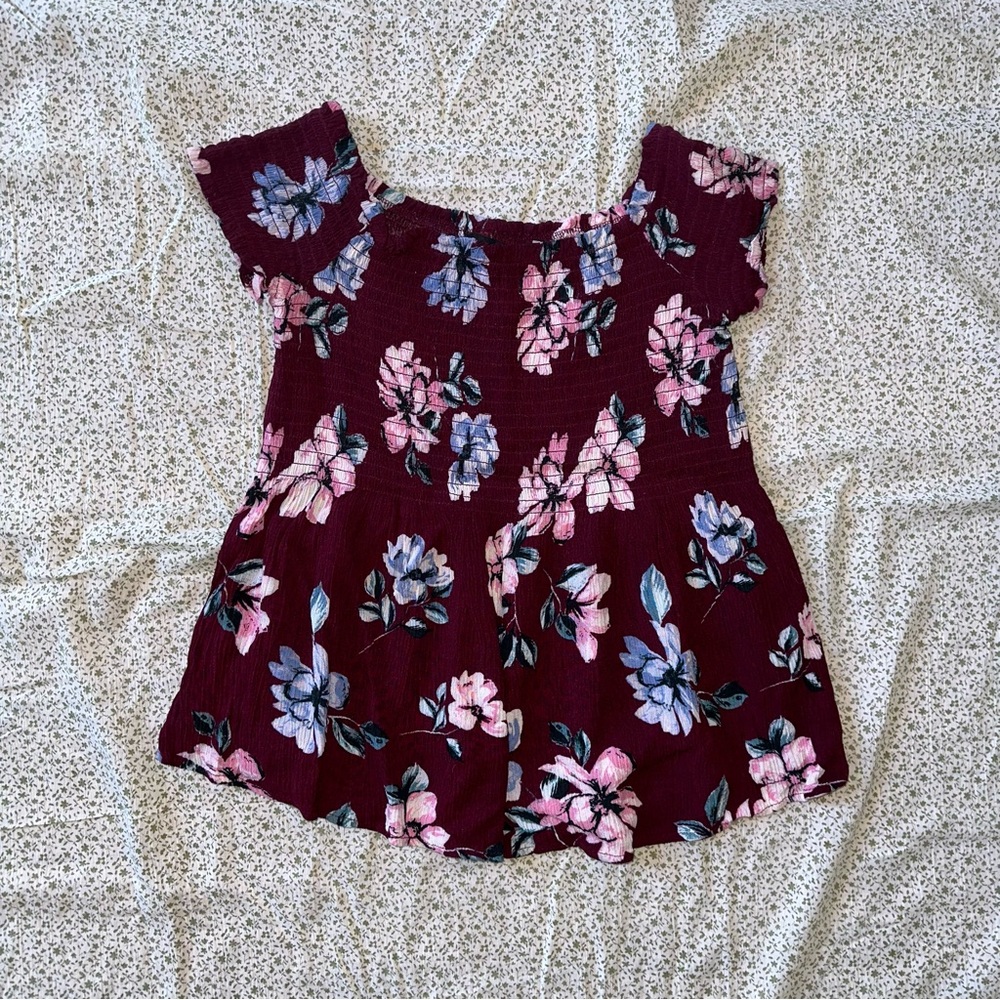 Kendall & Kylie Off The Shoulder Floral Smocked And Ruched Top